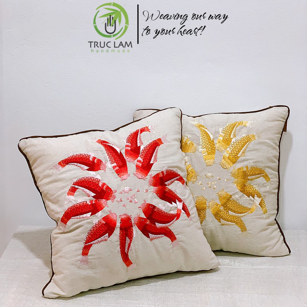 Gối/Vỏ Gối Vuông Tựa Lưng Sofa (45x45) Trang Trí Phòng  Vải Linen Thêu Thủ Công Hình Đàn Cá - Trúc Lâm Handmade