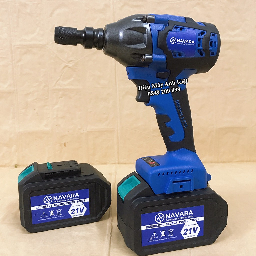 Máy siết bulong dùng pin Kèm 2 pin khủng 15 CELL 21V Navara Tặng 1 Đầu khoan 10N + 1 Đầu chuyển vít + 5 Khẩu