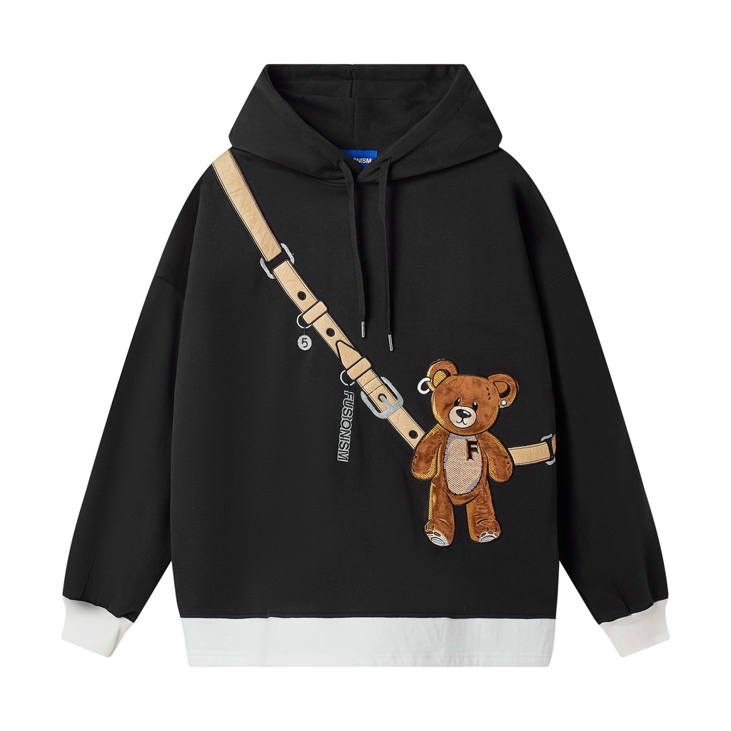 Áo khoác Hoodie thêu Gấu Mr.Feddy V2 Fusionism  - Màu Đen phối layer trắng - Unisex - Form Oversize