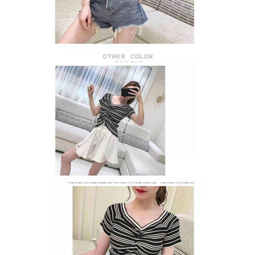 [Ảnh thật] Áo Croptop tay ngắn rút dây lộ eo thon. Croptop sọc trắng đen tay ngắn