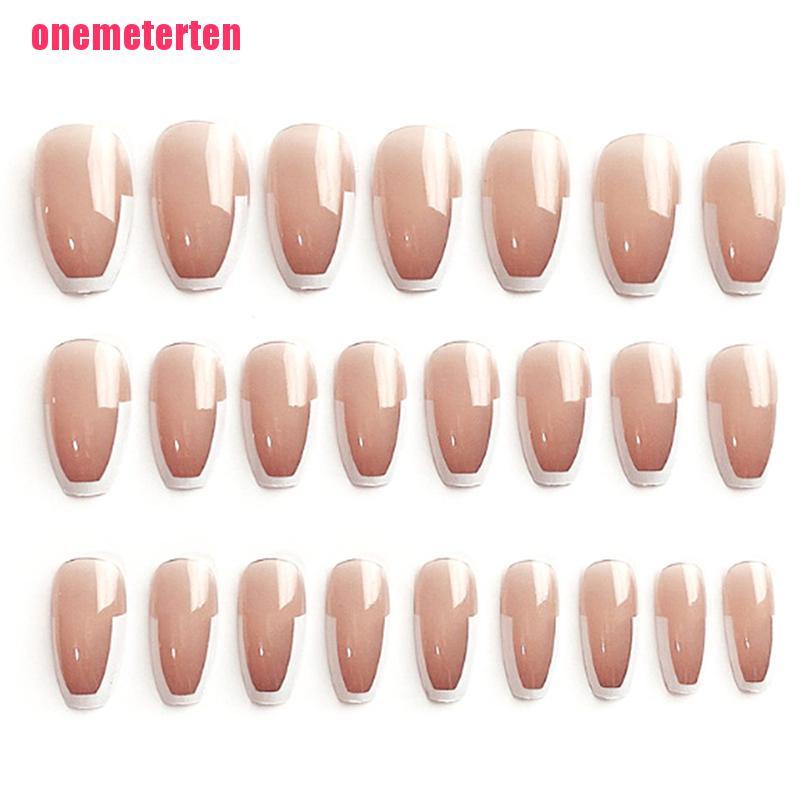 【TEN】24pcs Press on Nails French Nude Natural Coffin UV Gel Nail Set Gold Glitt