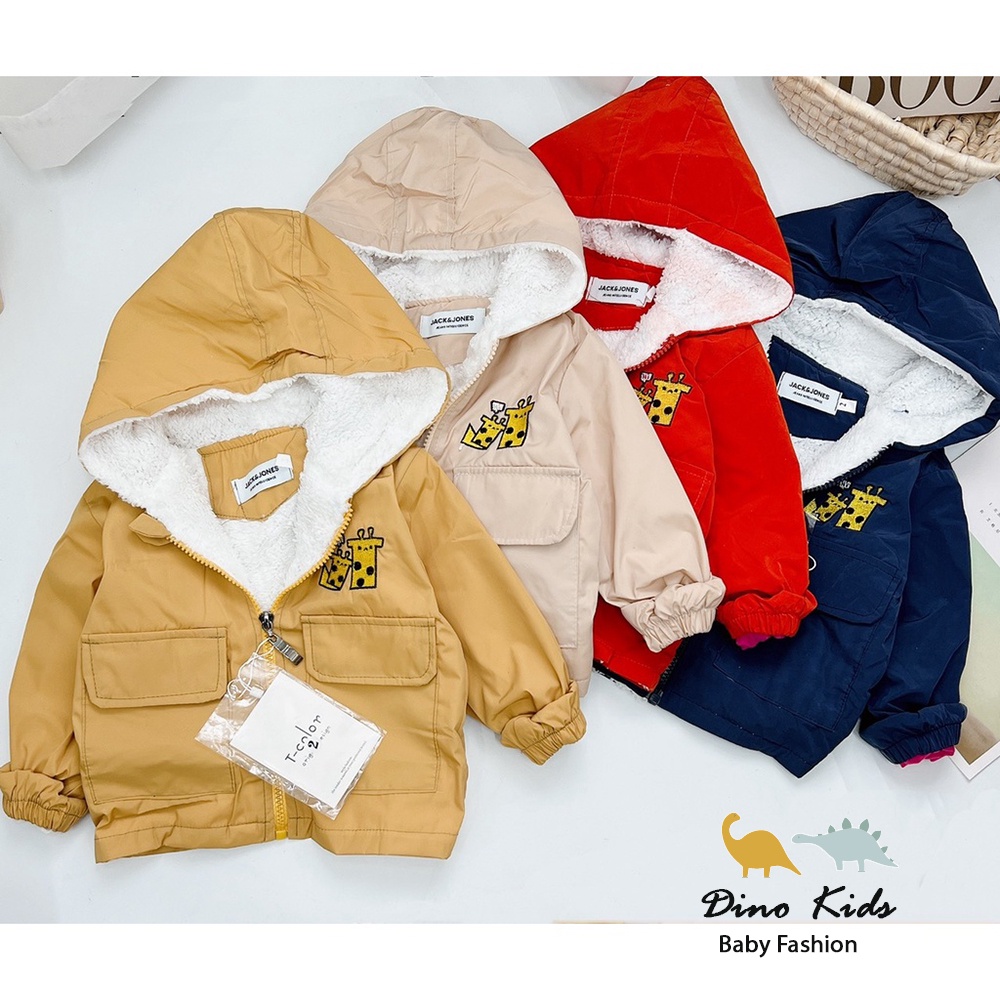 Áo khoác bé trai, áo khoác lót lông thêu hươu cao cổ cho bé size 12-25kg