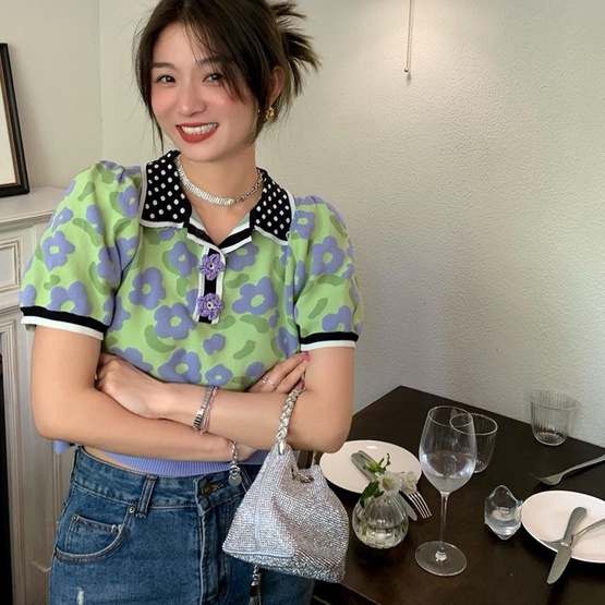 Áo thun polo ZHELIHANGFEI ngắn tay họa tiết hoa xinh xắn cho nữ