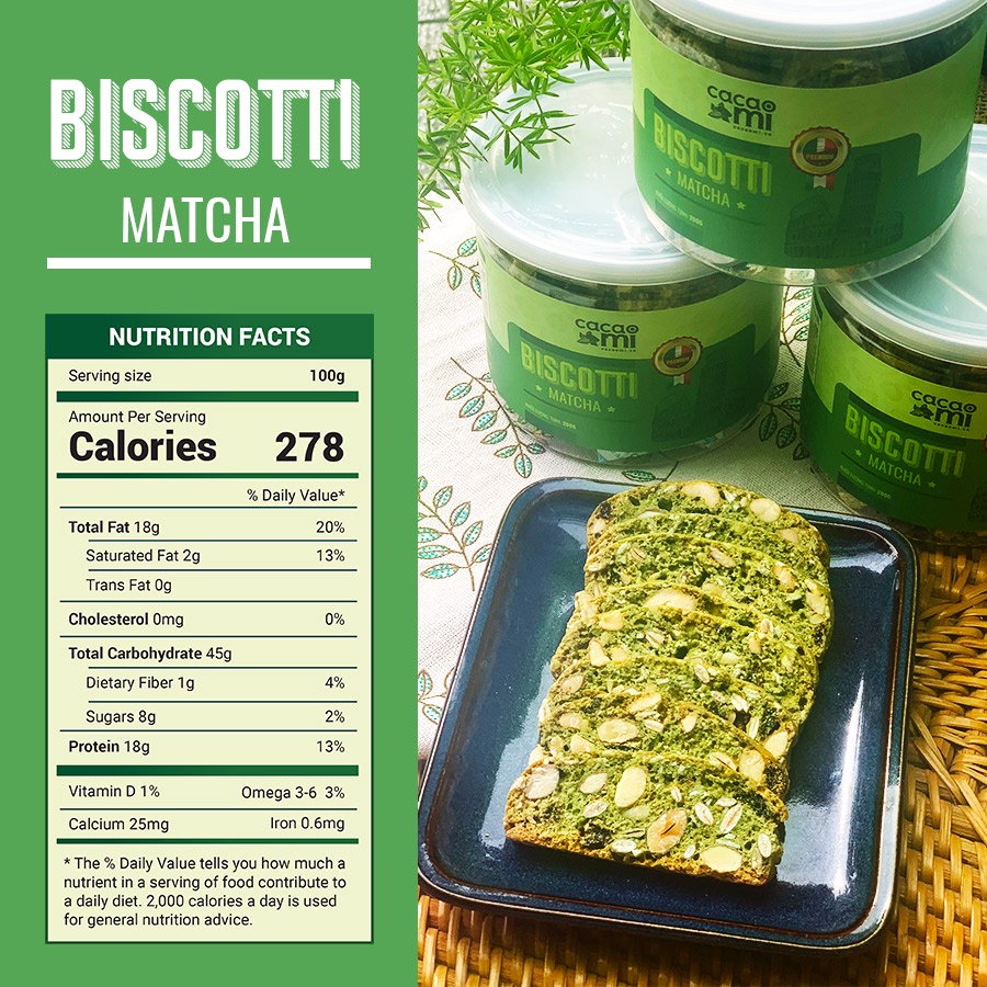 Bánh BISCOTTI Matcha Trà Xanh CACAOMI siêu hạt dinh dưỡng, hỗ trợ giảm cân ăn kiêng Eat Clean, Keto, Lowcarb hũ 200g