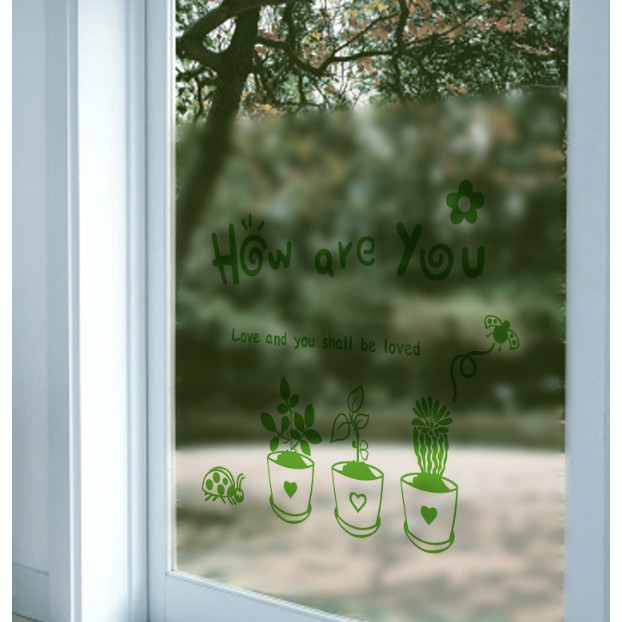 Decal trang trí kính cao cấp 3 chậu HOW ARE YOU ( 60cm x 58cm )