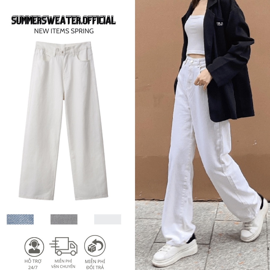 Quần jean nữ dáng suông lưng cao ống rộng trắng kiểu Hàn Quốc dễ phối đồ cho nữ SM121