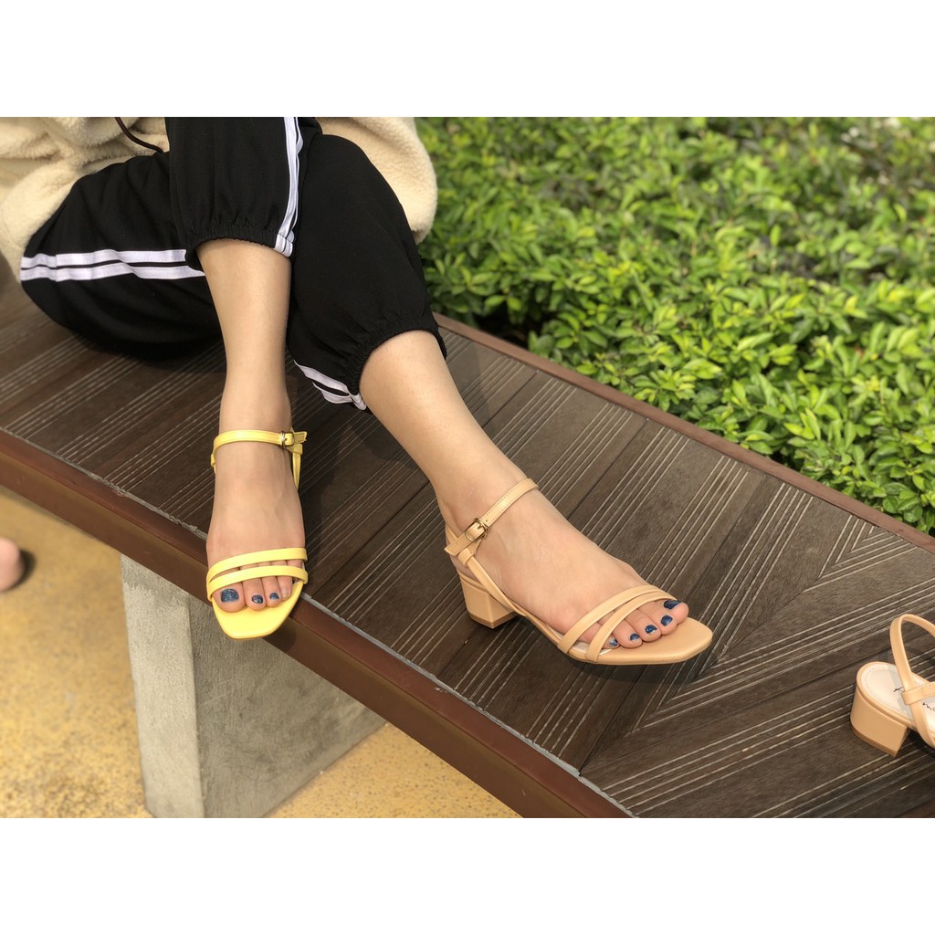 Giày sandal cao gót Anna thời trang mũi vuông quai ngang phối dây mảnh cao 3cm _A034QM