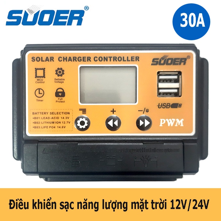Bộ điều khiển sạc pin năng lượng mặt trời Suoer ST-S1230 30A 12V 24V tự nhận bình - sạc ắc quy