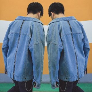 Áo khoác jeans unisex phối zip dây kéo sau lưng