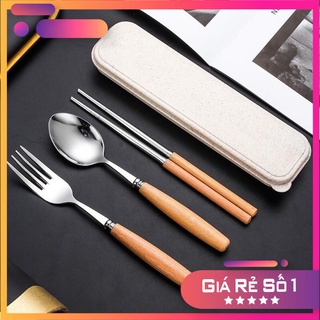 Bộ đũa, thìa, dĩa inox cán gỗ hộp đựng lúa mạch an toàn