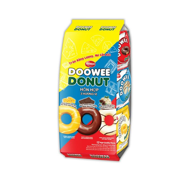 Túi 12 Bánh Doowee donut phủ socola nhân kem đủ vị 30g