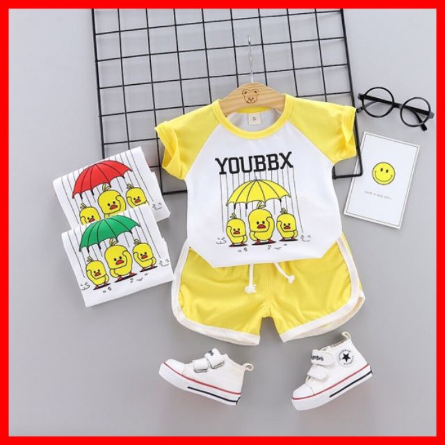 Bộ Quần Áo Trẻ Em Cotton 🌈FREESHIP 🌈 Quần Áo Cho Bé Hình Vịt Đi Mưa  M44