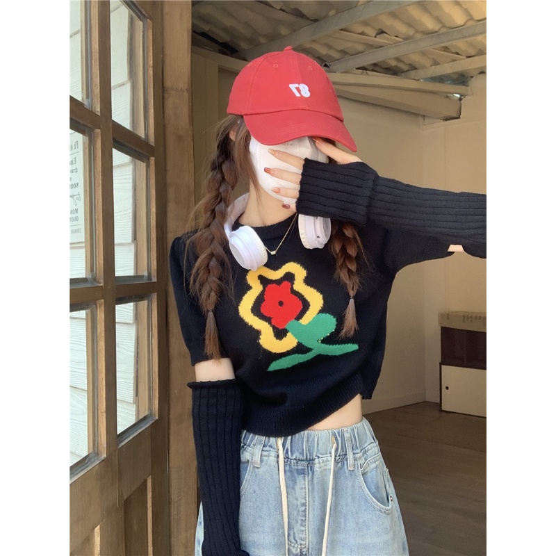 Áo croptop ZHELIHANGFEI dệt kim tay ngắn thêu họa tiết hoa thời trang cho nữ