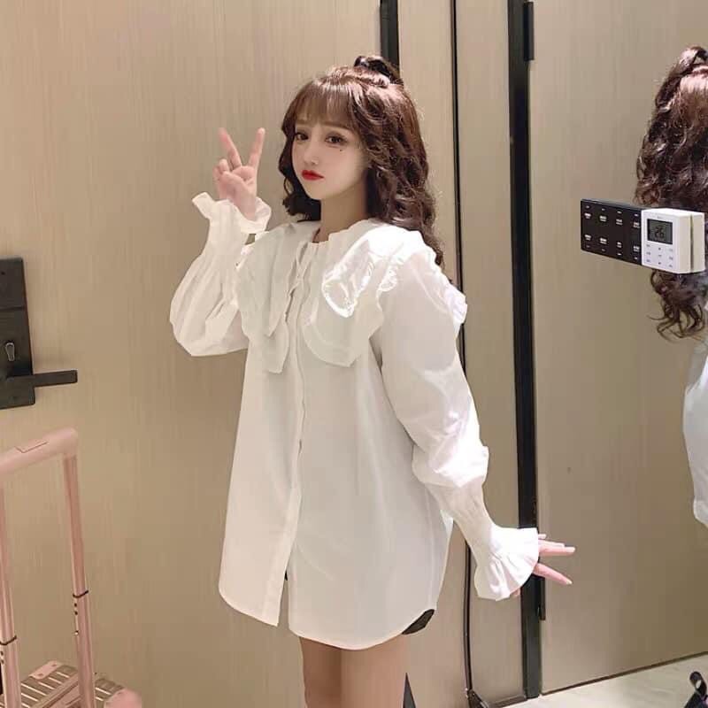 Áo sơ mi kiểu form rộng tay dài bo thun cổ bèo màu trơn phối nút