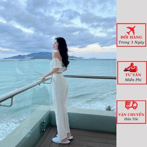 Set áo đũi trễ vai croptop nữ kèm quần suông baggy ống rộng đi biển ulzzang Hàn Quốc