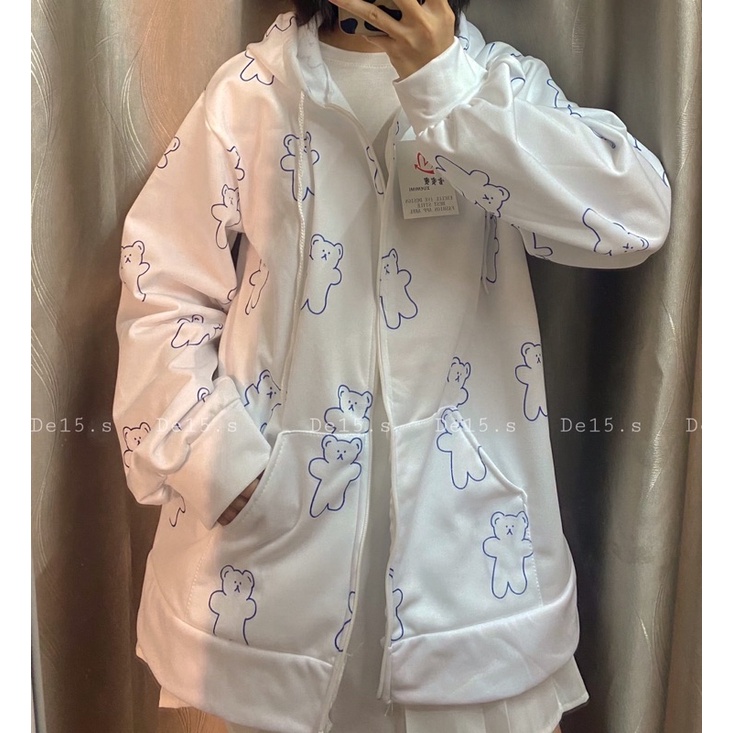 Áo khoác nỉ bông🍉 Áo khoác hình gấu thiết kế dáng hoddie dài tay form rộng unisex có dây kéo ở mũ siêu xinh, jacket nỉi | BigBuy360 - bigbuy360.vn
