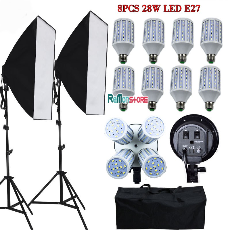 2 Softbox đuôi sứ bốn chuôi 50x70cm - 8 đèn Led 360 độ 28W - 2 Chân đèn 2m