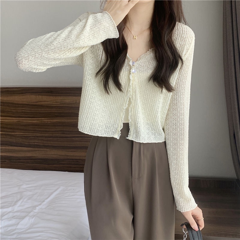 Áo Khoác Cardigan Dệt Kim Mỏng Phối Ren Cổ Chữ v Thời Trang Mùa Hè Dành Cho Nữ