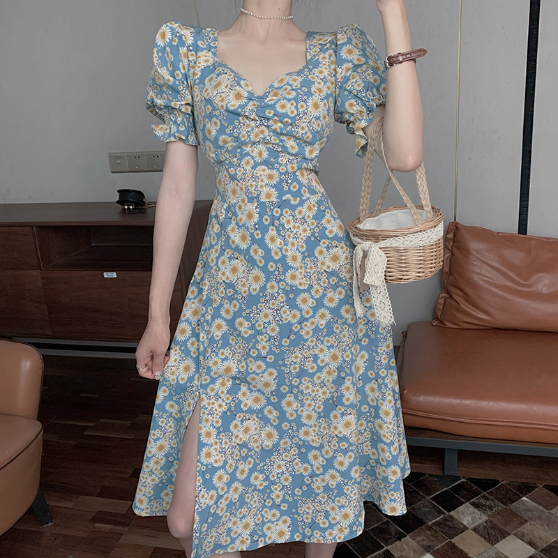 Váy Đầm Nữ Dáng Xòe Chữ A Hoa Cúc Xẻ Tà Quảng Châu