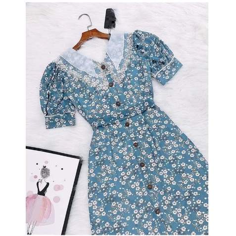 Đầm xòe hoa xanh cổ ren đính nút xinh xắn đi làm dạo phố Flora Dress Petystore full size D007 | BigBuy360 - bigbuy360.vn