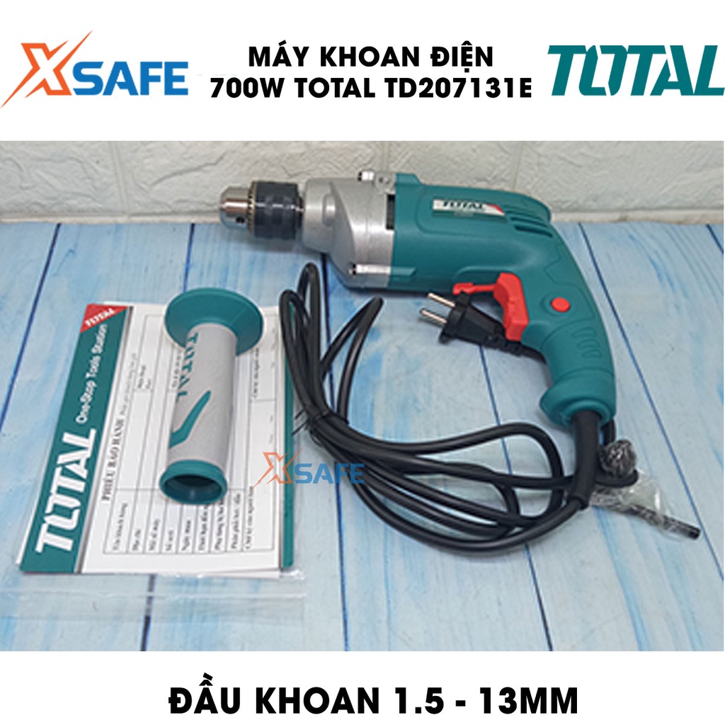 Máy khoan cầm tay TOTAL TD207131E công suất 700w, tốc độ 1200rpm, đầu khoan 1.5-13mm, khả năng khoan sắt 13mm, gỗ 25mm