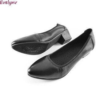 [Xả Hàng] Giày Cao Gót 3cm Giày Gót Vuông Da Bò Thật Mềm Cổ Chun Ôm Chân Evelynv 3P0263 (Đen)