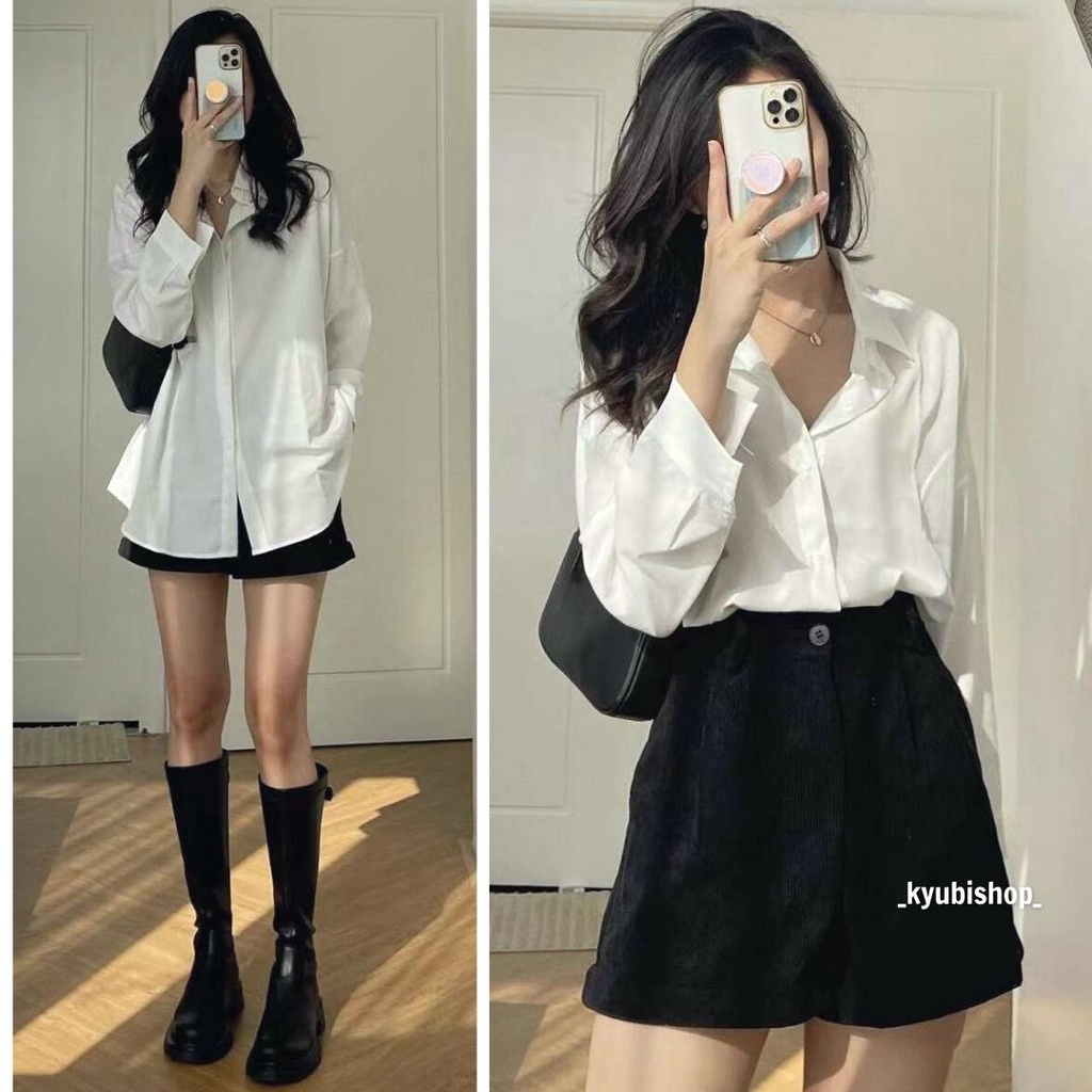 Áo Sơ Mi Trắng Đen Trơn Form Rộng Nam Nữ Unisex - Áo SOMI Ulzzang đi học sinh KYUBI HS022 | BigBuy360 - bigbuy360.vn