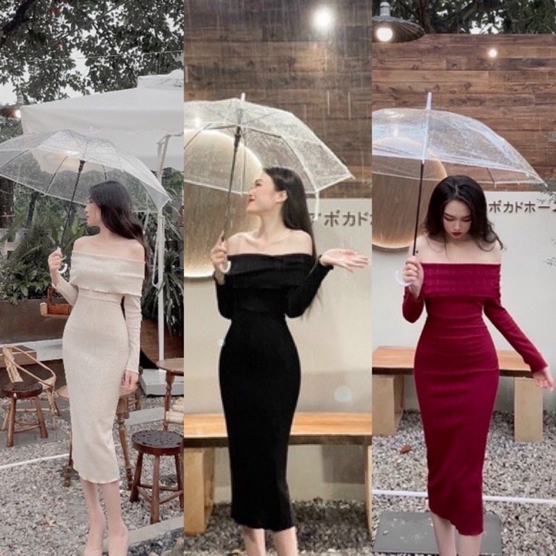 Váy Len Body Trễ Vai, Váy len sợi Maxi