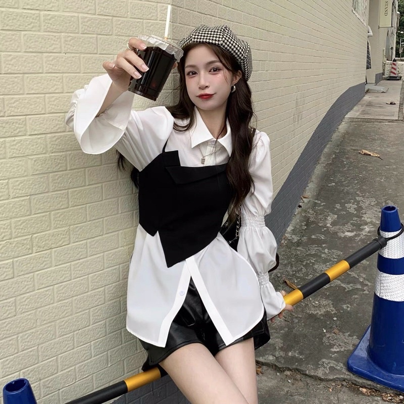 SẴN Set áo sơmi tay bo phối áo 2s lệch phong cách ulzzang KÈM VIDEO TỰ QUAY