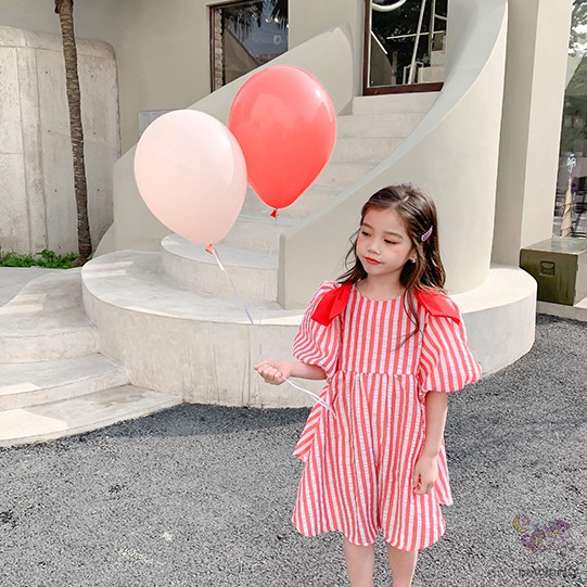 Đầm Công Chúa Tay Phồng Hoạ Tiết Kẻ Sọc Dễ Thương Cho Bé Gái