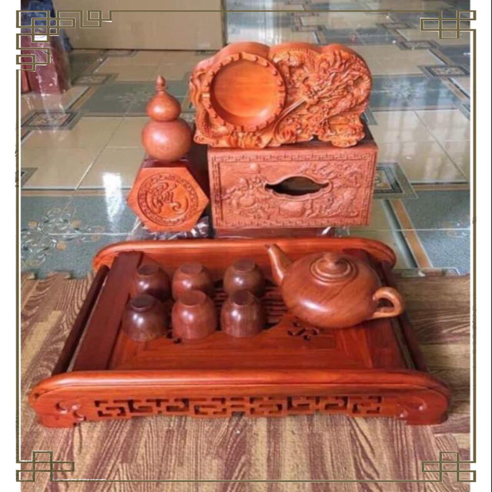 Combo 6 món gỗ hương trang trí phong khách-khay trà cuốn,hộp giấy di lạc,gạt tàn rồng,ấm chén trơn,hộp trà phúc,tăm bầu