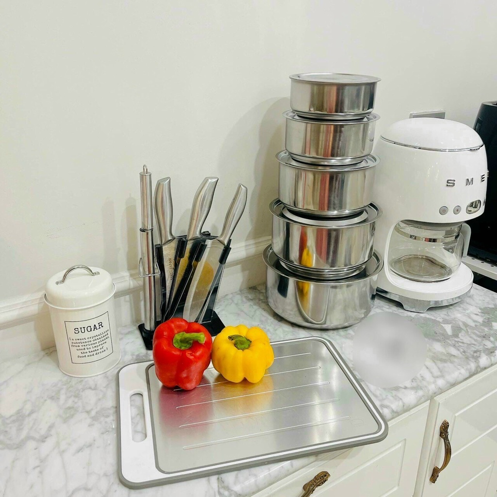 Bộ 5 thố Inox có nắp không quai đậy đủ kích thước cao cấp