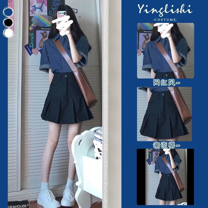 Set Áo Thun Tay Ngắn + Chân Váy Denim Xếp Ly Thời Trang Mùa Hè Cho Bé Gái