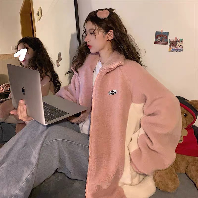 Áo khoác lông nữ phối màu thêu logo cao cổ from rộng unisex- Áo lông nữ mượt mà phong cách hàn quốc