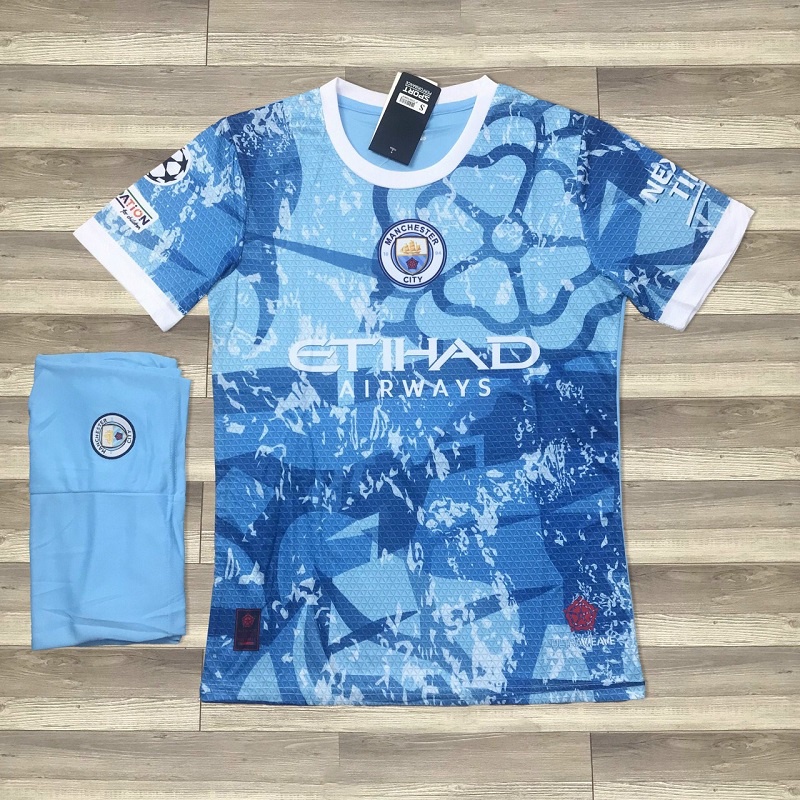 Bộ Quần Áo Bóng Đá Manchester City (Mancity) 2022 Xanh Dương Cổ Trắng Vải Gai Thái - Đồ Thể Thao PP Bởi Be Happy Sport