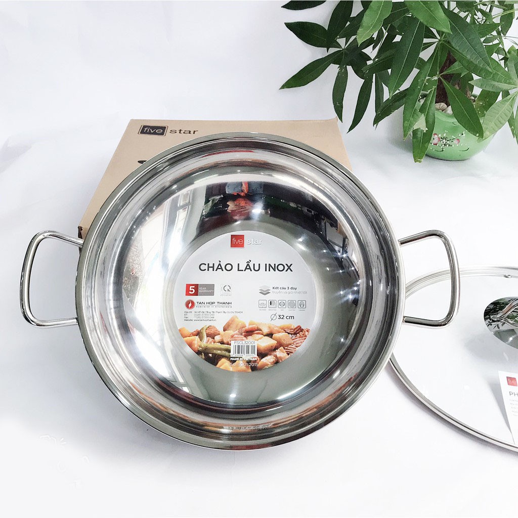 Chảo lẩu inox cao cấp 3 đáy Fivestar đường kính 32cm vung kính, chảo xào sâu lòng có nắp Five Star /HCH005