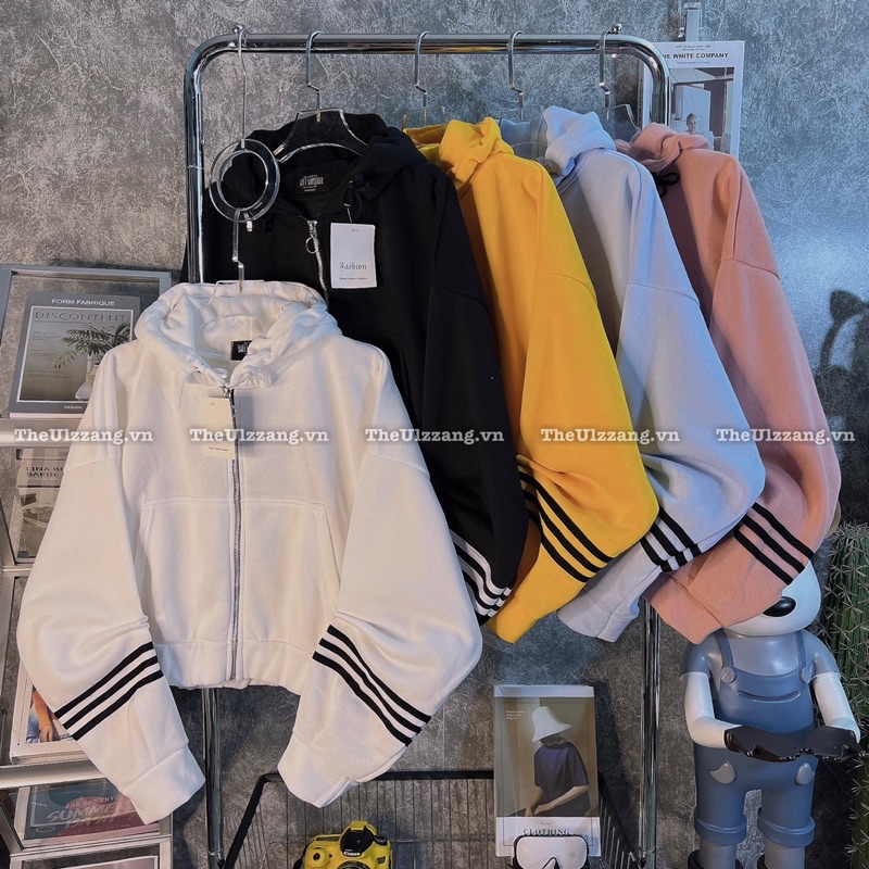 Áo khoác croptop nỉ bông qc form lửng rộng cánh dơi tay phồng " LỬNG KHÓA SẮT TAY SỌC " - NI5005