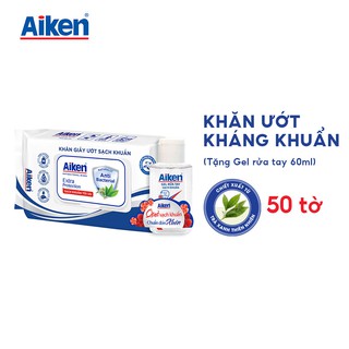 Khăn Ướt Sạch Khuẩn Chiết Xuất Trà Xanh Aiken 50 tờ - Tặng Gel rửa tay 60ml