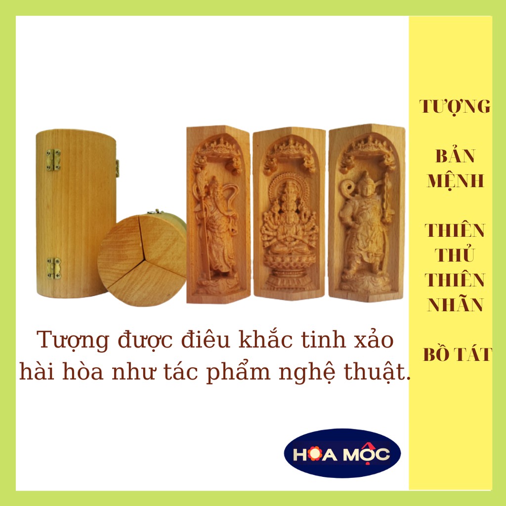 Tượng Phật Bản Thiên thủ Thiên nhãn Bồ Tát, hai vị Già Lam hộ pháp Vi Đà Tôn Thiên – Quan Vũ [hoa mộc] 13x7cm