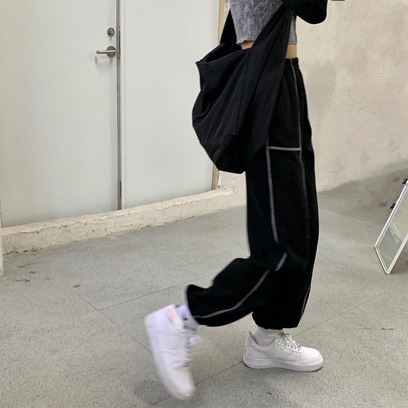 Quần jogger ống rộng cạp cao họa tiết viền chỉ trắng dáng suông phong cách ulzzang_ranstore | BigBuy360 - bigbuy360.vn