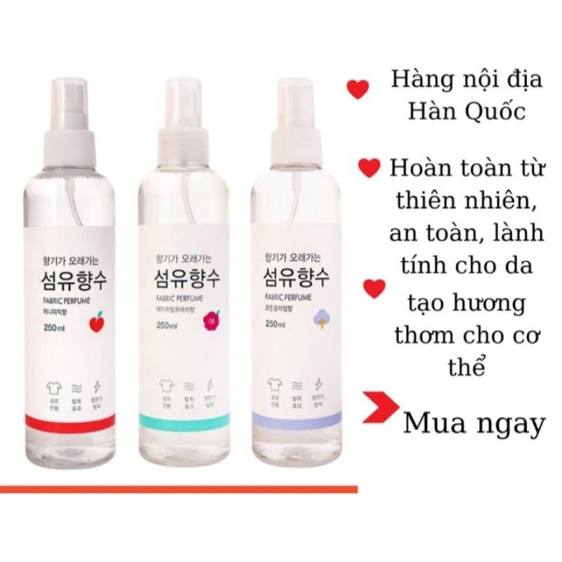 Xịt thơm quần áo xe hơi giày dép Hàn Quốc Fabric Perfume 250ml khử mùi mồ hôi thức ăn bụi bẩn