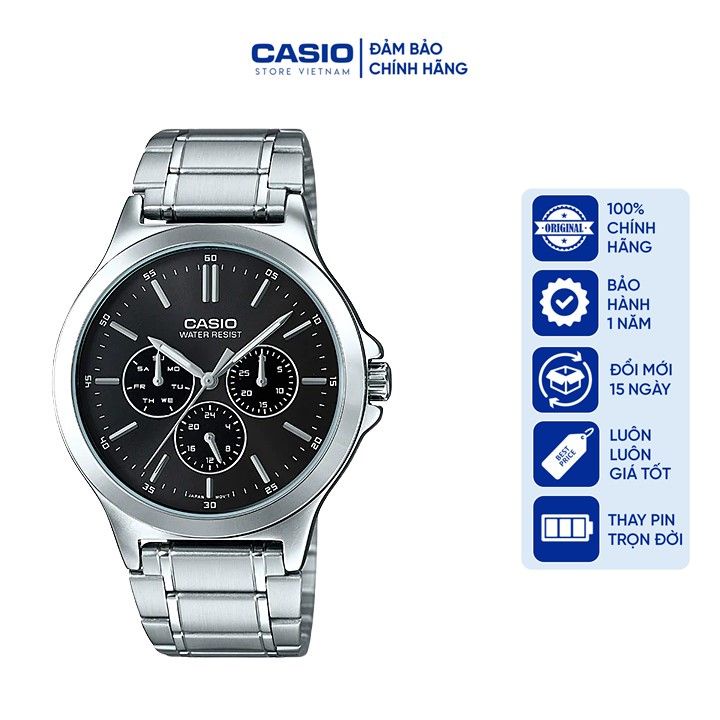 Đồng hồ Nam Casio MTP-V300D-1AUDF, đồng hồ chính hãng, dây bạc mặt đen, 6 kim
