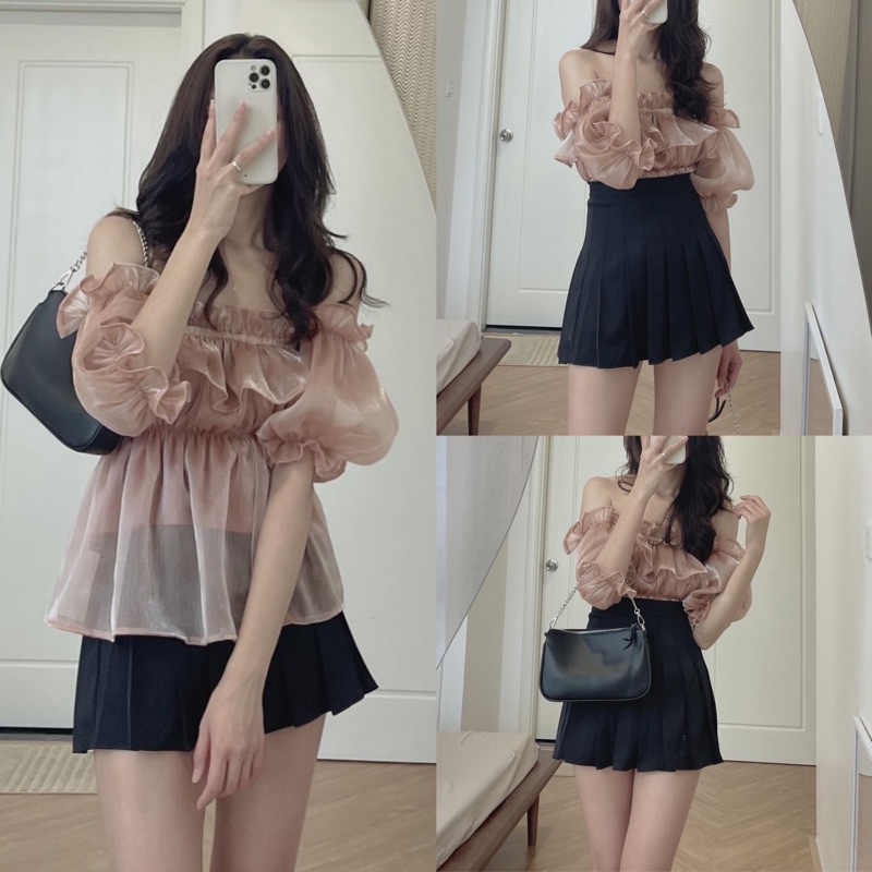 [Ảnh thật/Video] Áo Tơ Trễ Vai Suzy Ngực Bèo Nhún Sang chảnh Áo Trễ Vai Tay Bồng tiểu thư