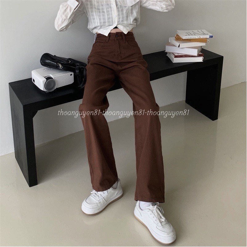 Quần ống rộng dáng suông nữ cạp cao, quần jeans kaki ống đứng trơn nâu hót 2022