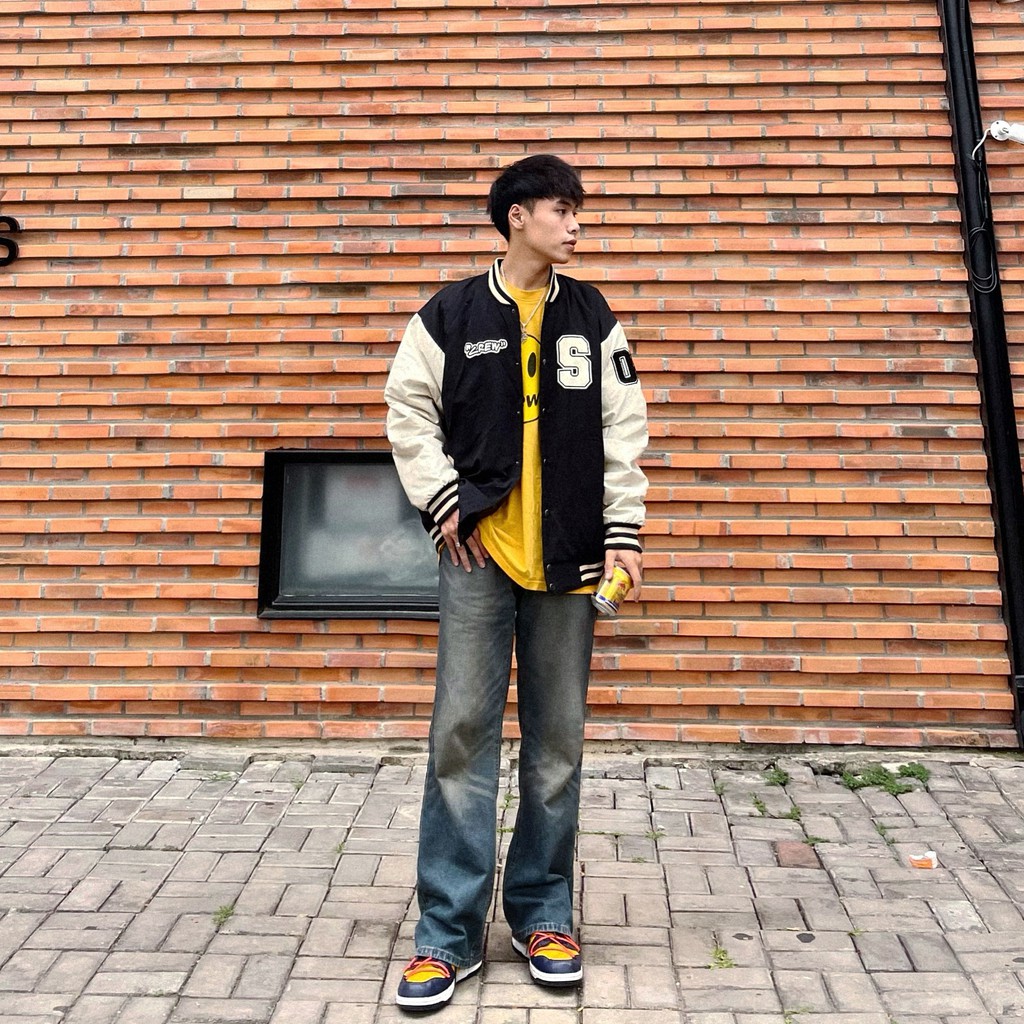 Áo khoác bomber "CREW" - Đen/Kem | BigBuy360 - bigbuy360.vn