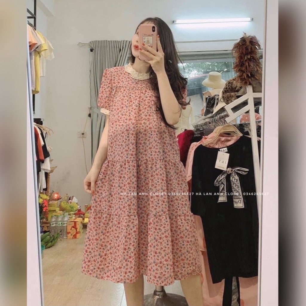 Váy Bầu Hoa Nhí Cổ Ren Mùa Hè Ngắn Tay Thiết Kế Xinh Xắn Vintage HD2821 Honey Mommy Đầm Bầu Công Sở Dáng Dài