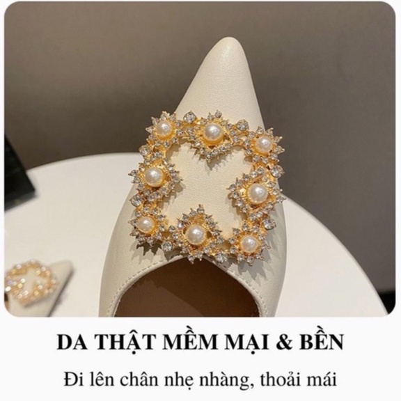 Giày nữ gót vuông mũi nhọn [da thật] mềm mại, cao gót bít mũi 5 phân đính đá a87, màu đen be trắng FFAN STORE