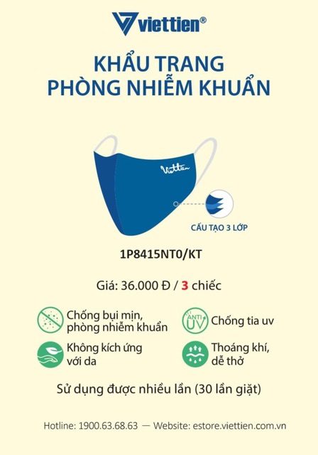 [HÀNG CHÍNH HÃNG] KHẨU TRANG VẢI 3 LỚP KHÁNG KHUẨN VIỆT TIẾN | BigBuy360 - bigbuy360.vn
