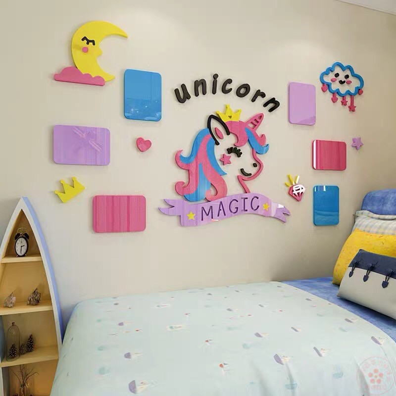 Tranh Dán Tường Mica 3D Unicorn, ngựa hồng pony magic dễ thương, Decal mica trang trí phòng bé