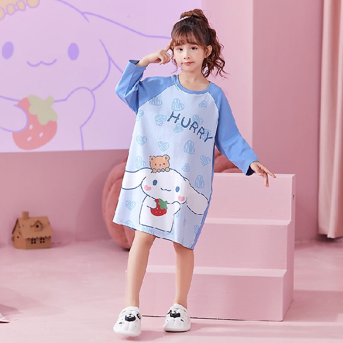 Đầm Ngủ Tay Dài Chất Cotton In Họa Tiết Hoạt Hình Phong Cách Hàn Quốc Xinh Xắn Cho Bé Gái